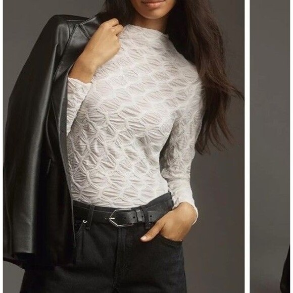 Maeve By ANTHROPOLOGIE Mock Neck Textured Semi Sheer Top Sz L Minimalist - Picture 3 of 16